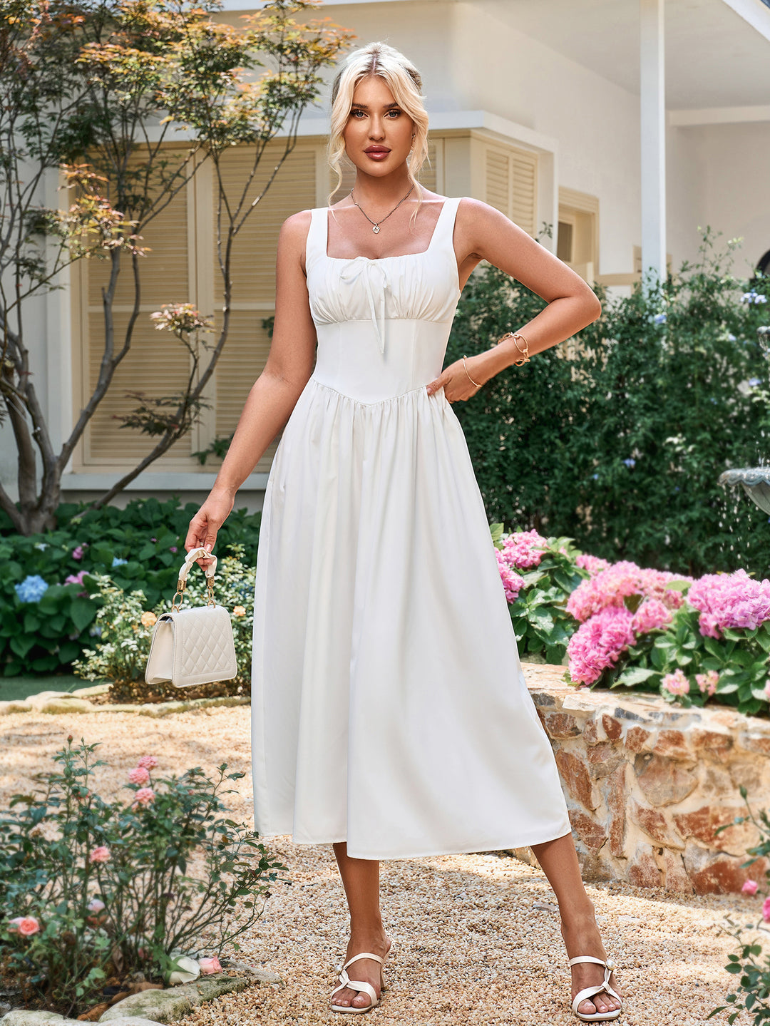 ruched square neck midi dress in white White Sleeveless Square Neck Lace Up Cut Out Ruched Midi Dress Small