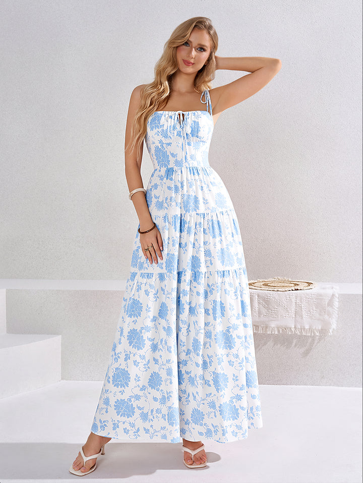 Tie Shoulder Backless Ruched Floral Print Dress