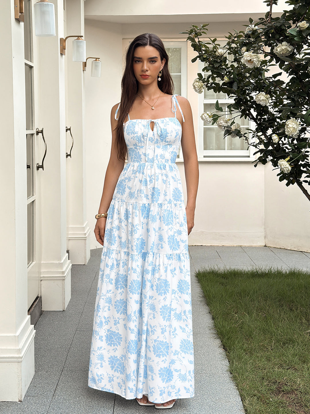 Tie Shoulder Backless Ruched Floral Print Dress#color_bluefloral