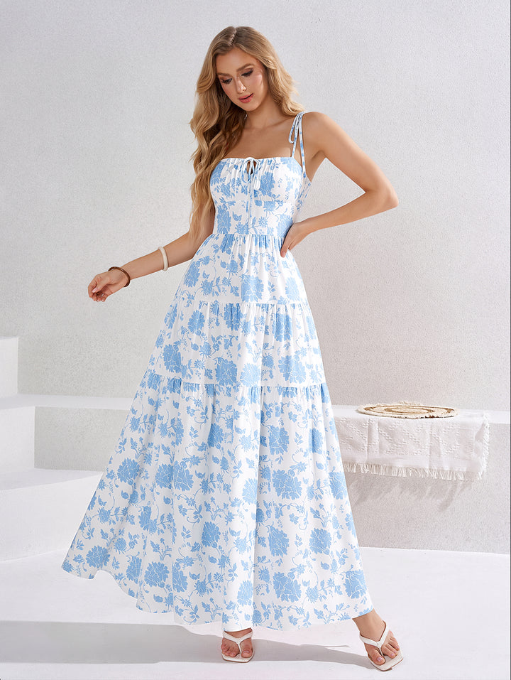 Backless Ruched Tie Shoulder Floral Print Dress