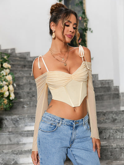 backless tie shoulder corset mesh crop top#color_ivory