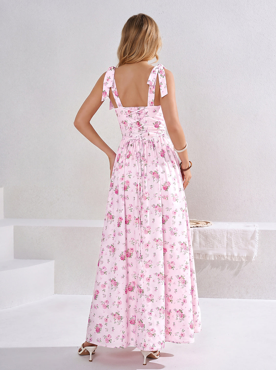 Tie Shoulder Pocket CrissCross Back Floral Print Dress