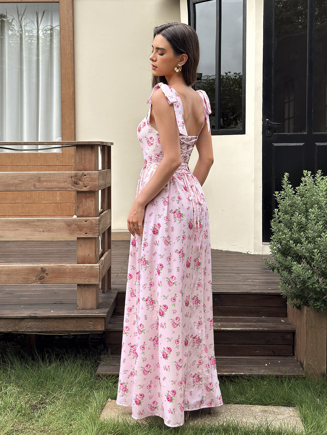 Tie Shoulder Pocket CrissCross Back Floral Print Dress