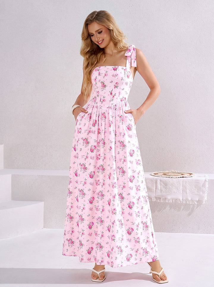 Pocket CrissCross Back Tie Shoulder Floral Print Dress
