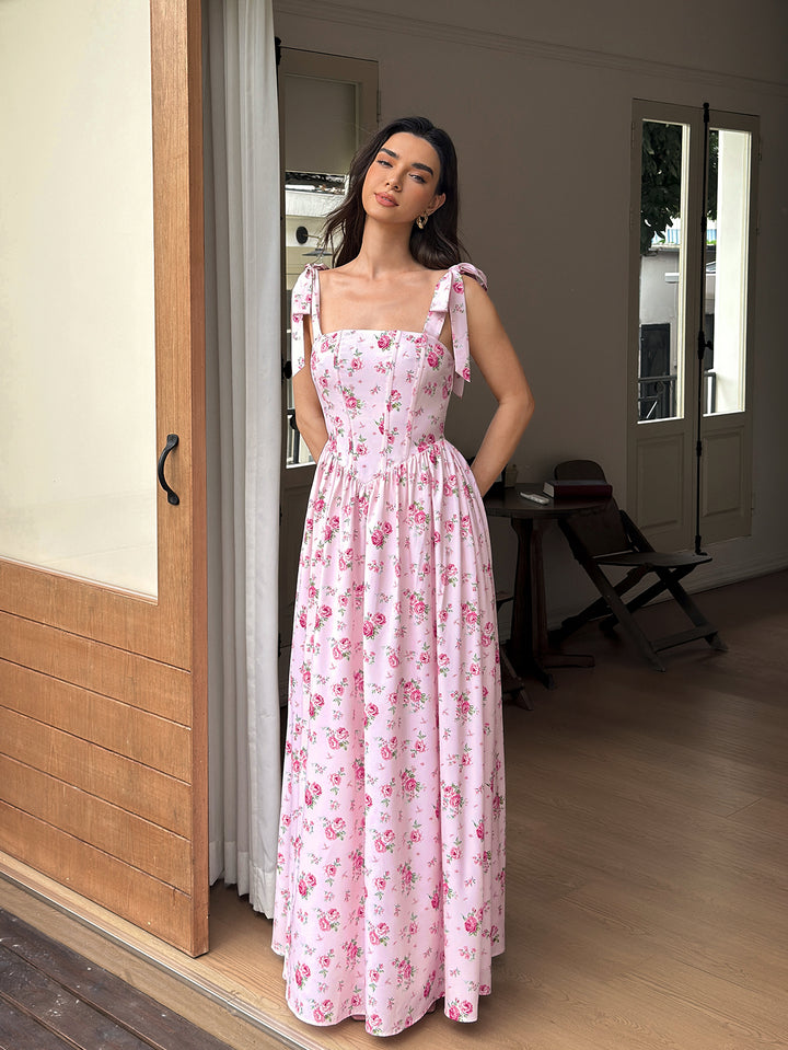 Pocket Tie Shoulder CrissCross Back Floral Print Dress