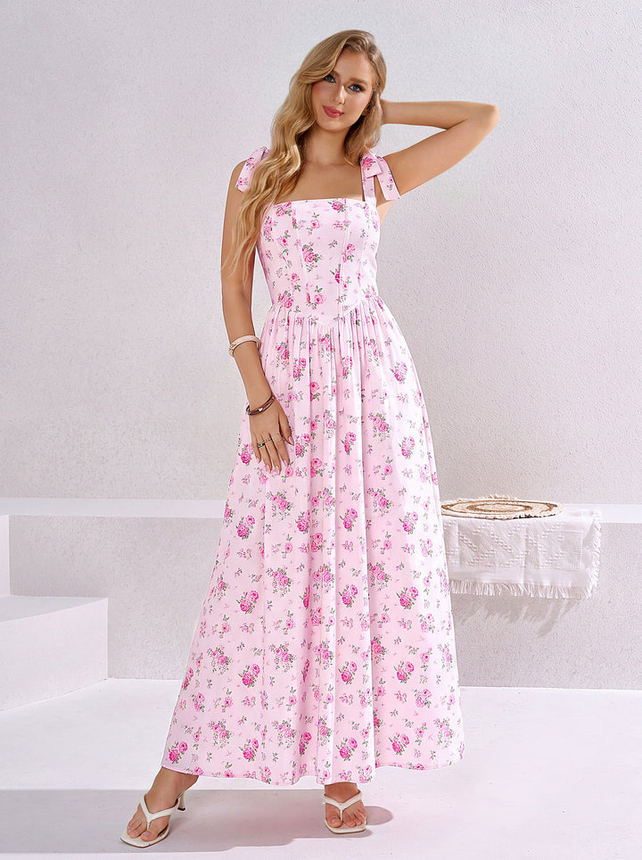 Tie Shoulder CrissCross Back Pocket Floral Print Dress