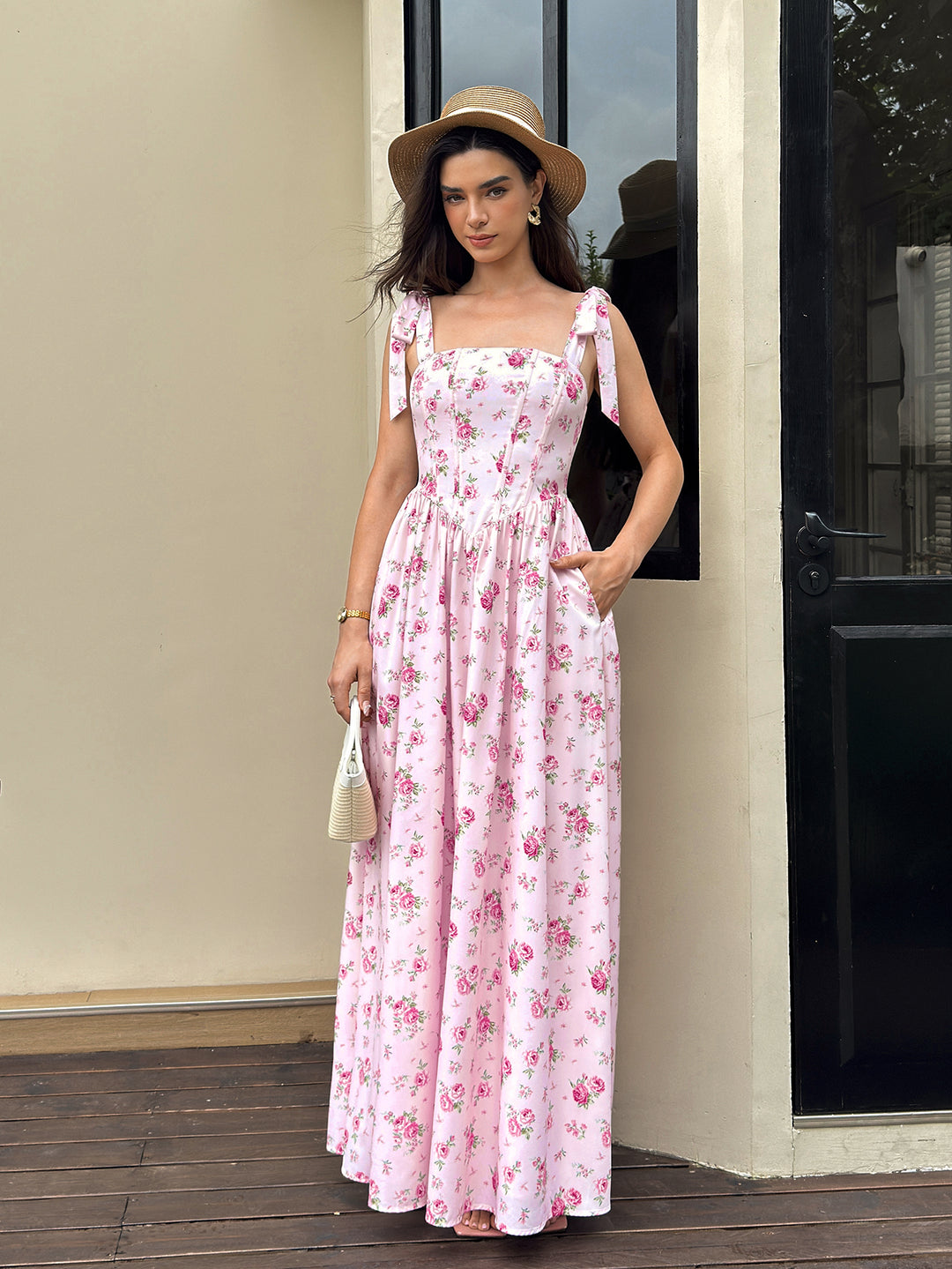 Tie Shoulder CrissCross Back Pocket Floral Print Dress#color_pinkfloral