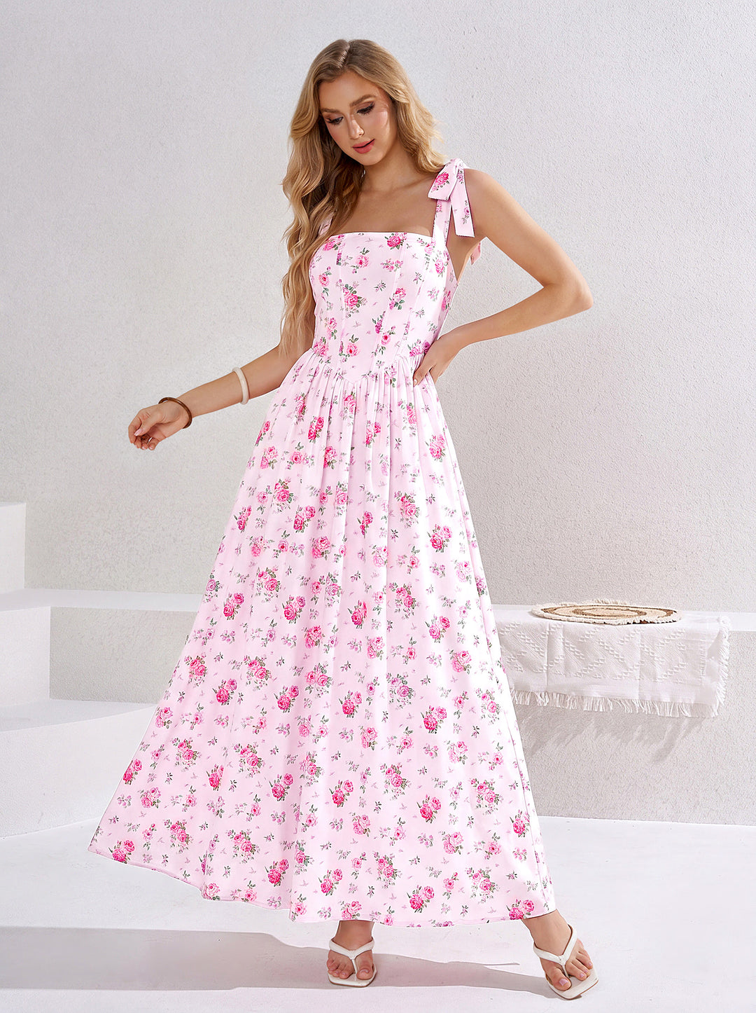CrissCross Back Pocket Tie Shoulder Floral Print Dress