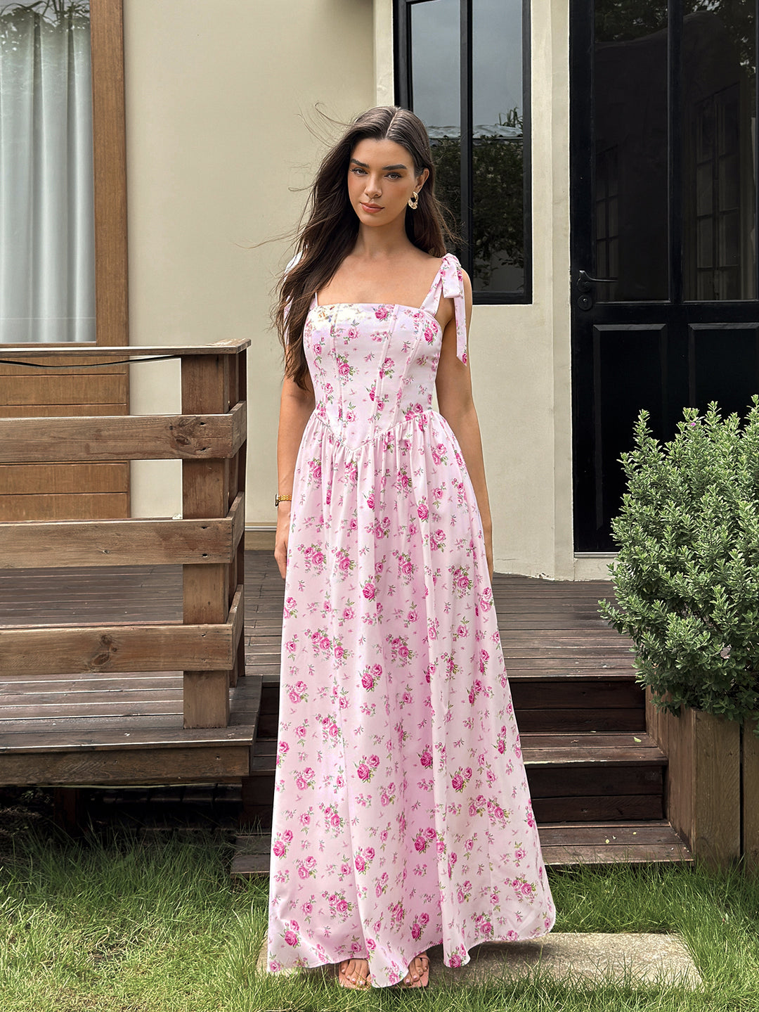 CrissCross Back Pocket Tie Shoulder Floral Print Dress