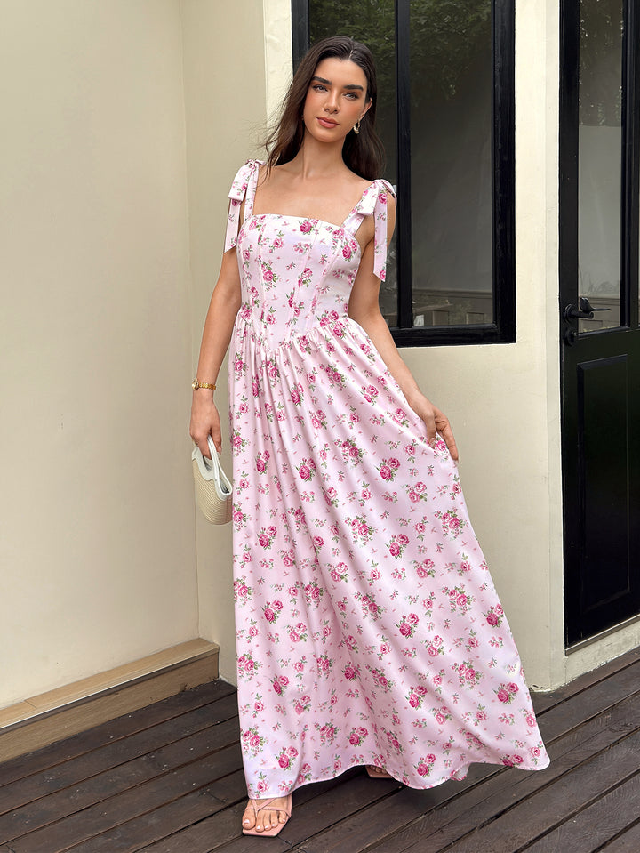 CrissCross Back Tie Shoulder Pocket Floral Print Dress