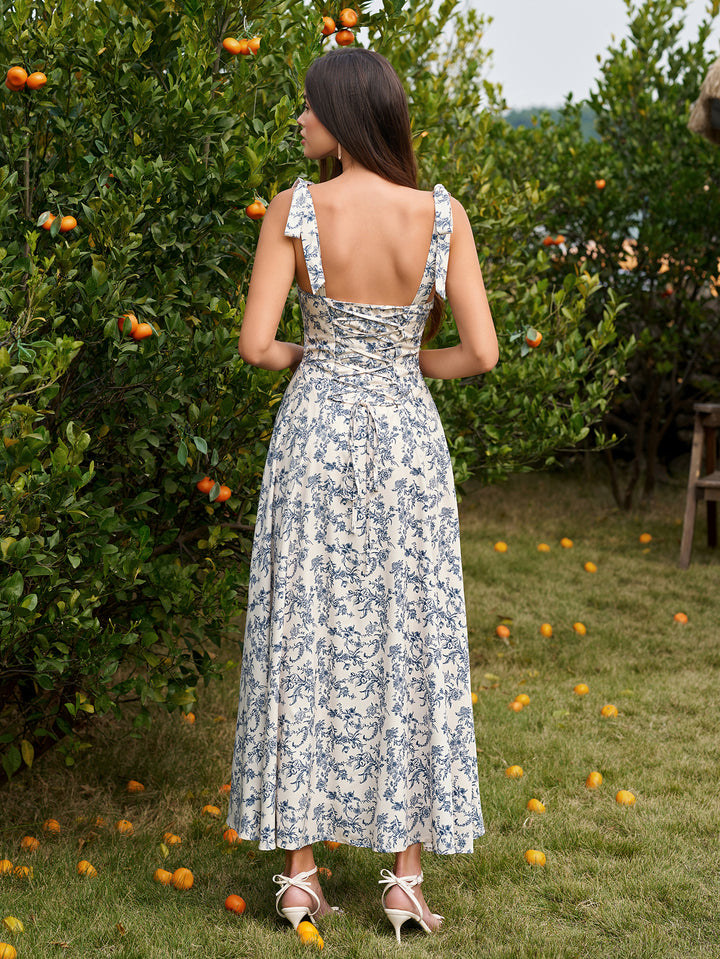 Tie Crisscross Shoulder Back Ruched Bust Floral Print Dress#color_bluefloral