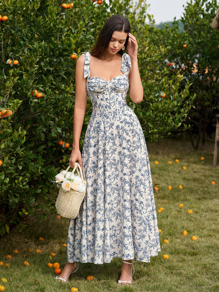 Crisscross Shoulder Tie Back Ruched Bust Floral Print Dress#color_bluefloral