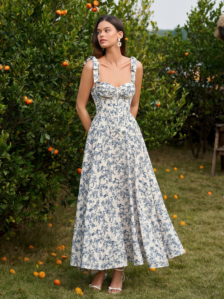 Crisscross Tie Shoulder Back Ruched Bust Floral Print Dress#color_bluefloral