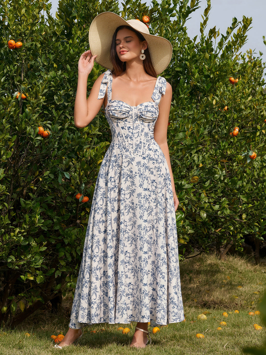 Shoulder Crisscross Tie Back Ruched Bust Floral Print Dress#color_bluefloral