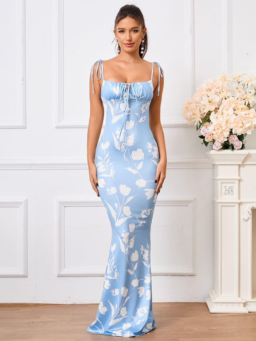 Tie Shoulder Fishtail Hem Floral Print Prom Dress Parthea Fashion Tie Shoulder Fishtail Hem Floral Print Prom Dress Parthea Fashion