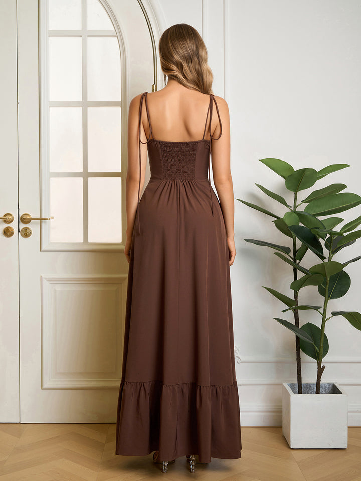 Tie Shoulder Ruched Bust Maxi Solid Dress#color_brown