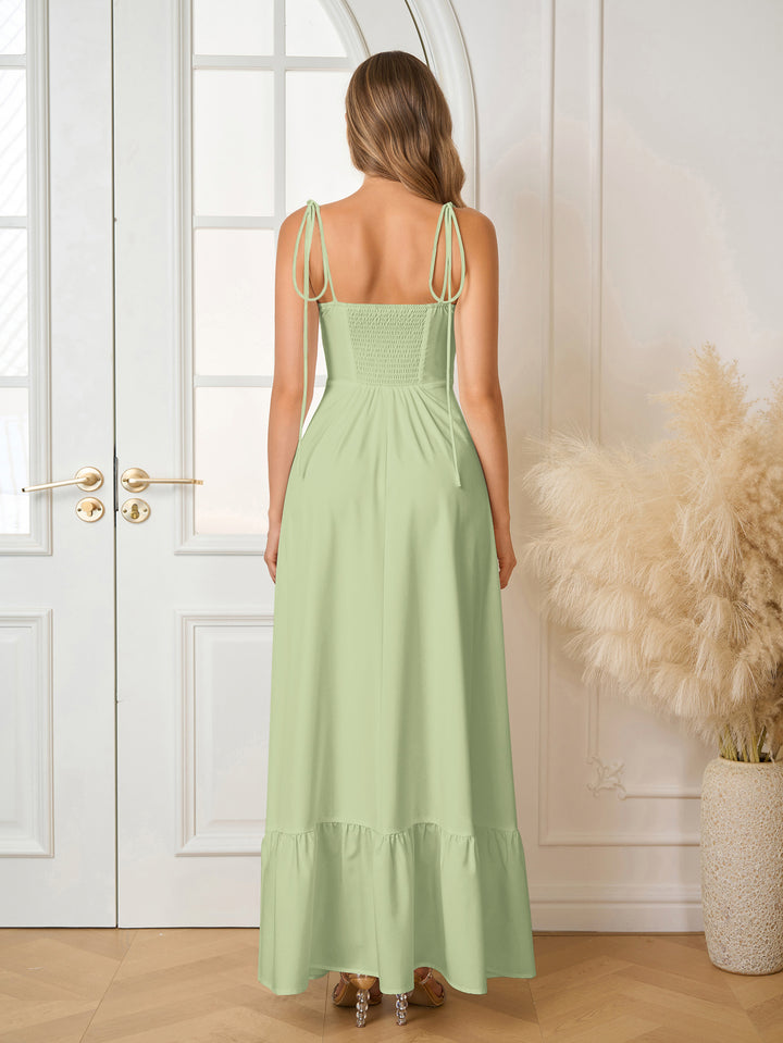 Tie Shoulder Bust Ruched Maxi Solid Dress#color_green