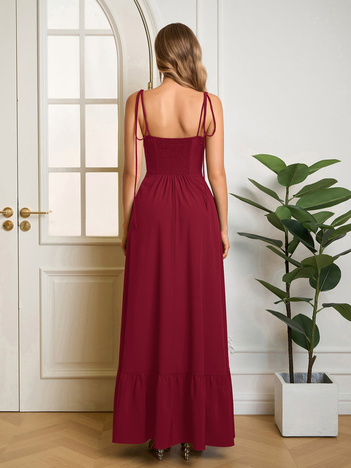 Tie Shoulder Bust Ruched Maxi Solid Dress#color_red