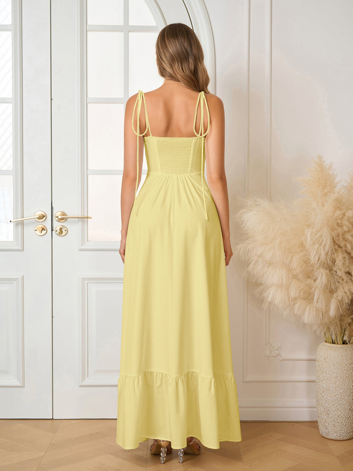 Tie Shoulder Bust Ruched Maxi Solid Dress#color_yellow
