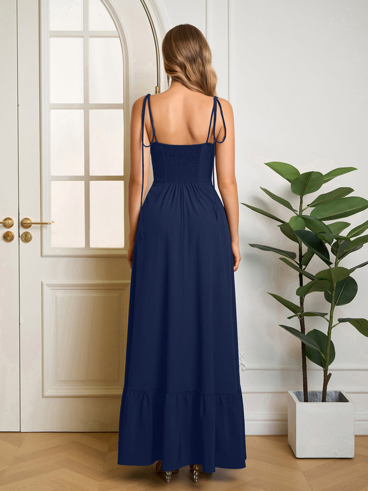 Tie Shoulder Bust Ruched Maxi Solid Dress#color_navy