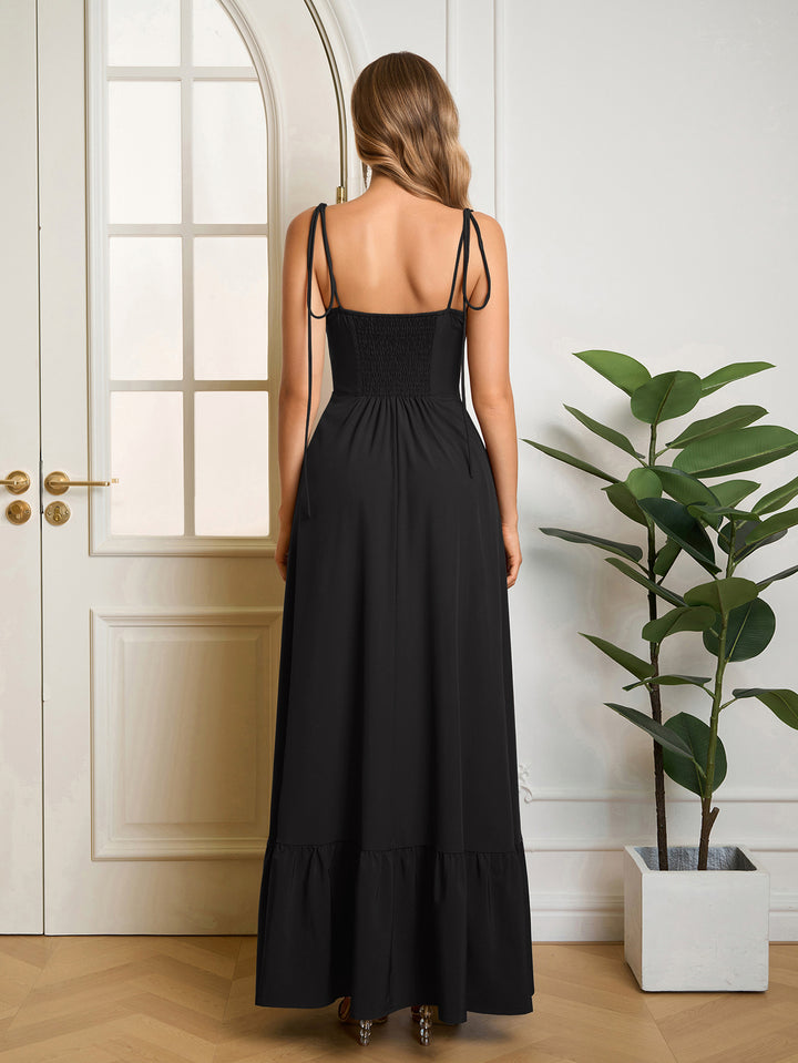 Tie Shoulder Bust Ruched Maxi Solid Dress#color_black
