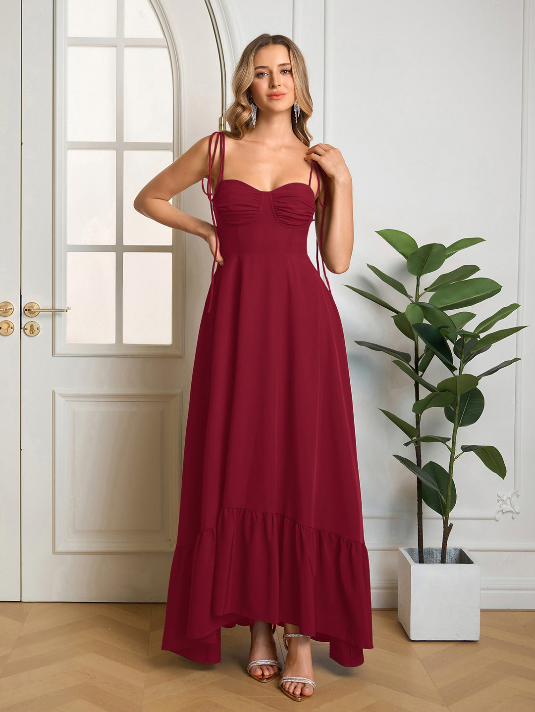 Bust Ruched Tie Shoulder Maxi Solid Dress#color_red