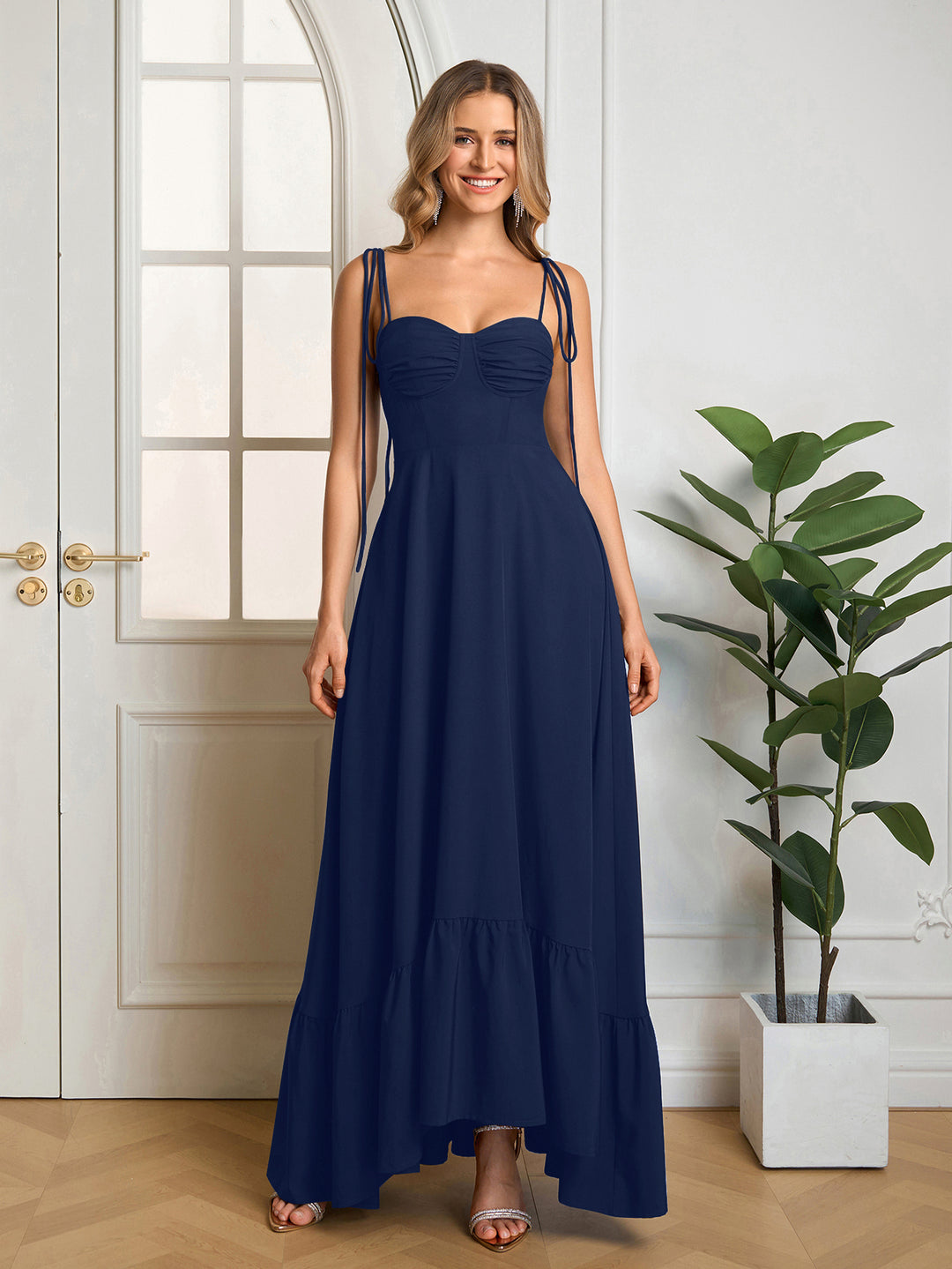 Bust Ruched Tie Shoulder Maxi Solid Dress#color_navy