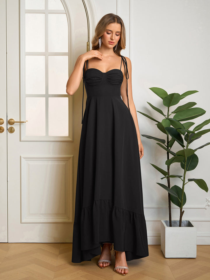 Bust Ruched Tie Shoulder Maxi Solid Dress#color_black