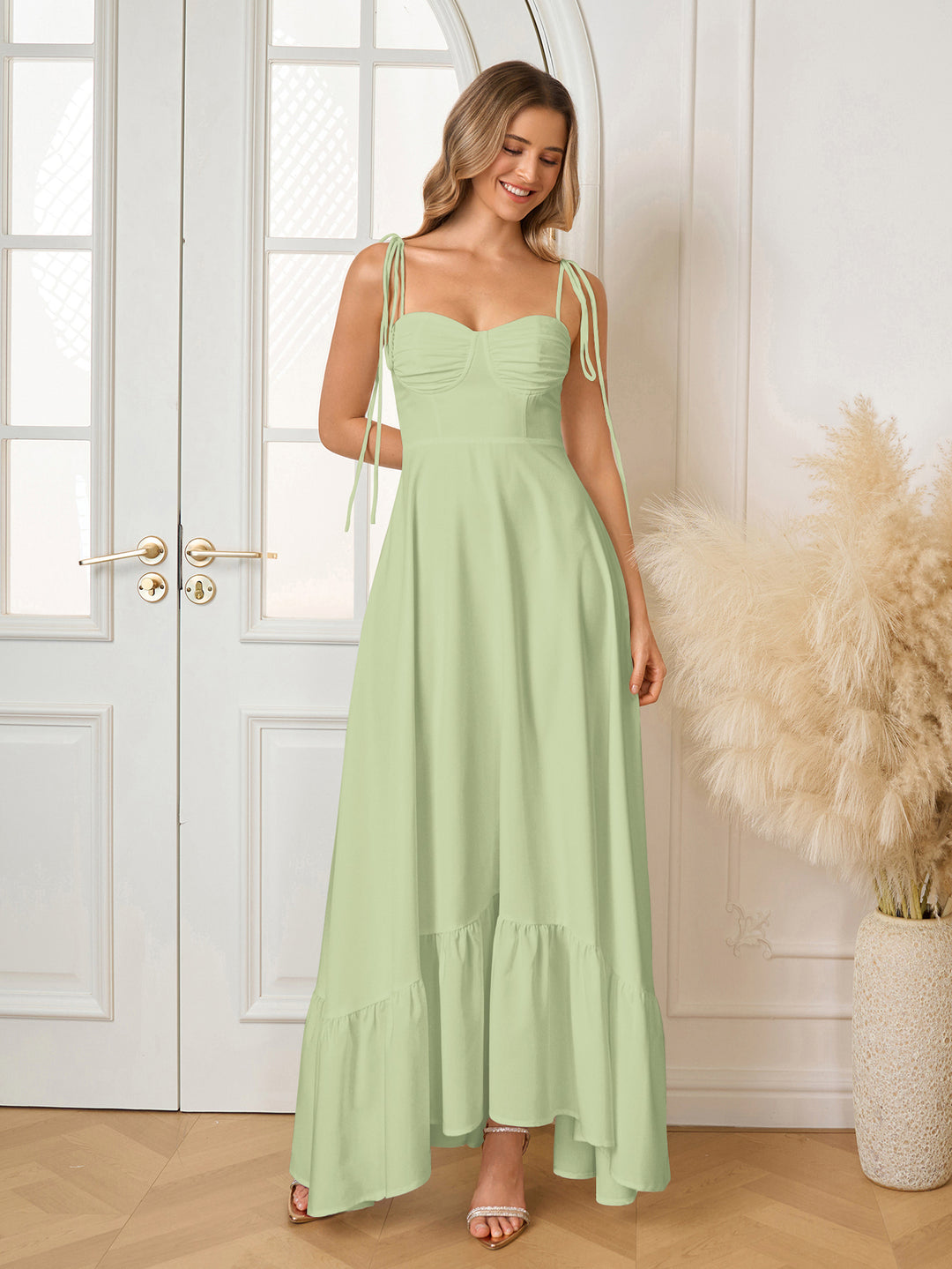 Bust Ruched Tie Shoulder Maxi Solid Dress#color_green