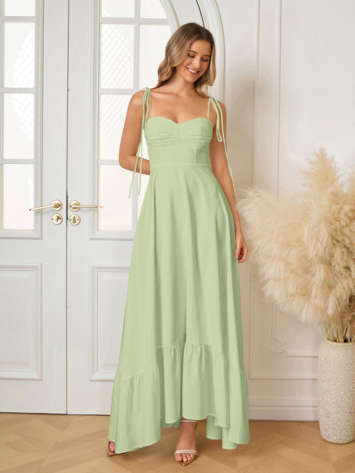 Bust Ruched Tie Shoulder Maxi Solid Dress#color_green