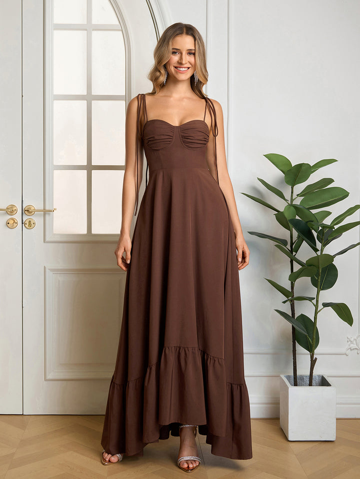 Maxi Ruched Bust Tie Shoulder Solid Dress#color_brown