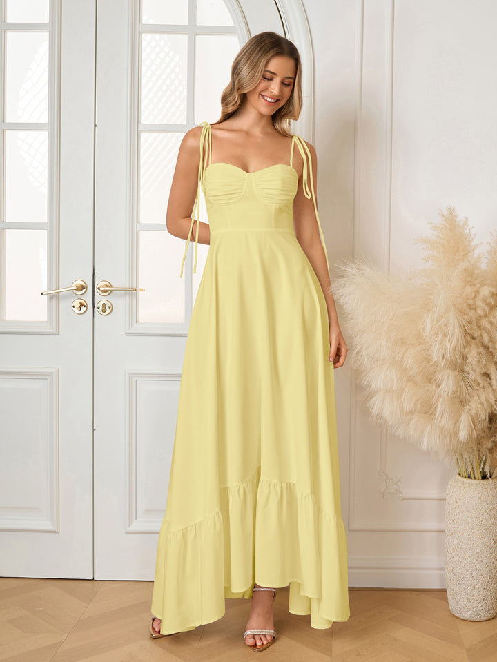 Bust Ruched Tie Shoulder Maxi Solid Dress#color_yellow
