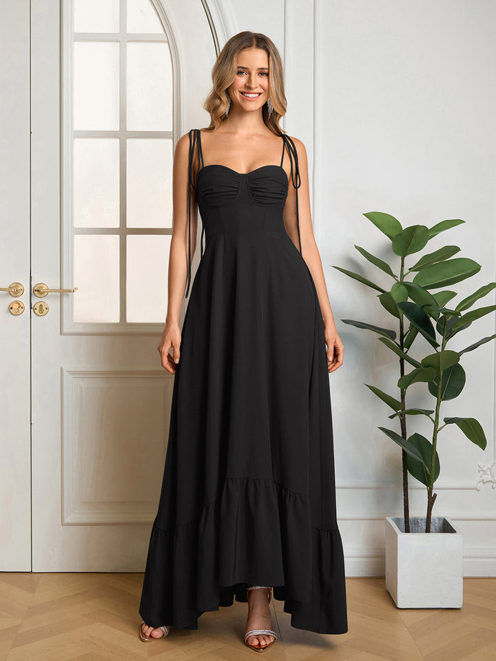 Bust Tie Shoulder Ruched Maxi Solid Dress#color_black