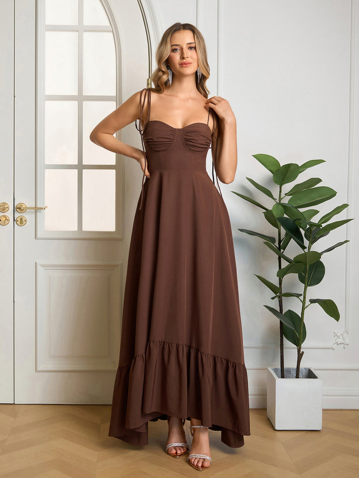 Maxi Tie Shoulder Ruched Bust Solid Dress#color_brown