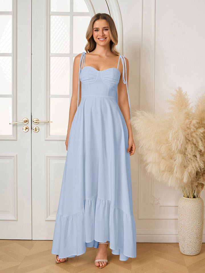 Bust Tie Shoulder Ruched Maxi Solid Dress#color_blue