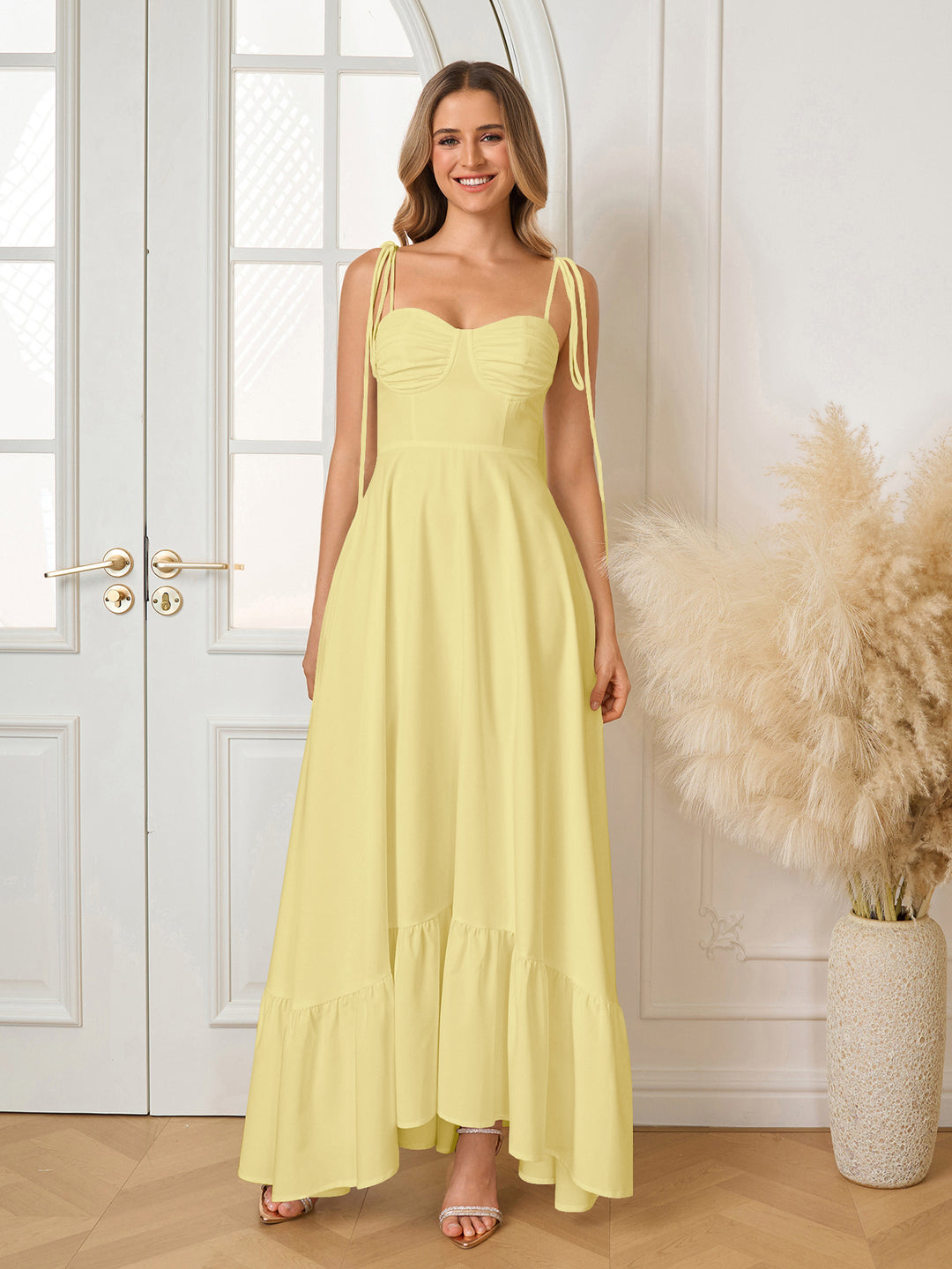 Bust Tie Shoulder Ruched Maxi Solid Dress#color_yellow