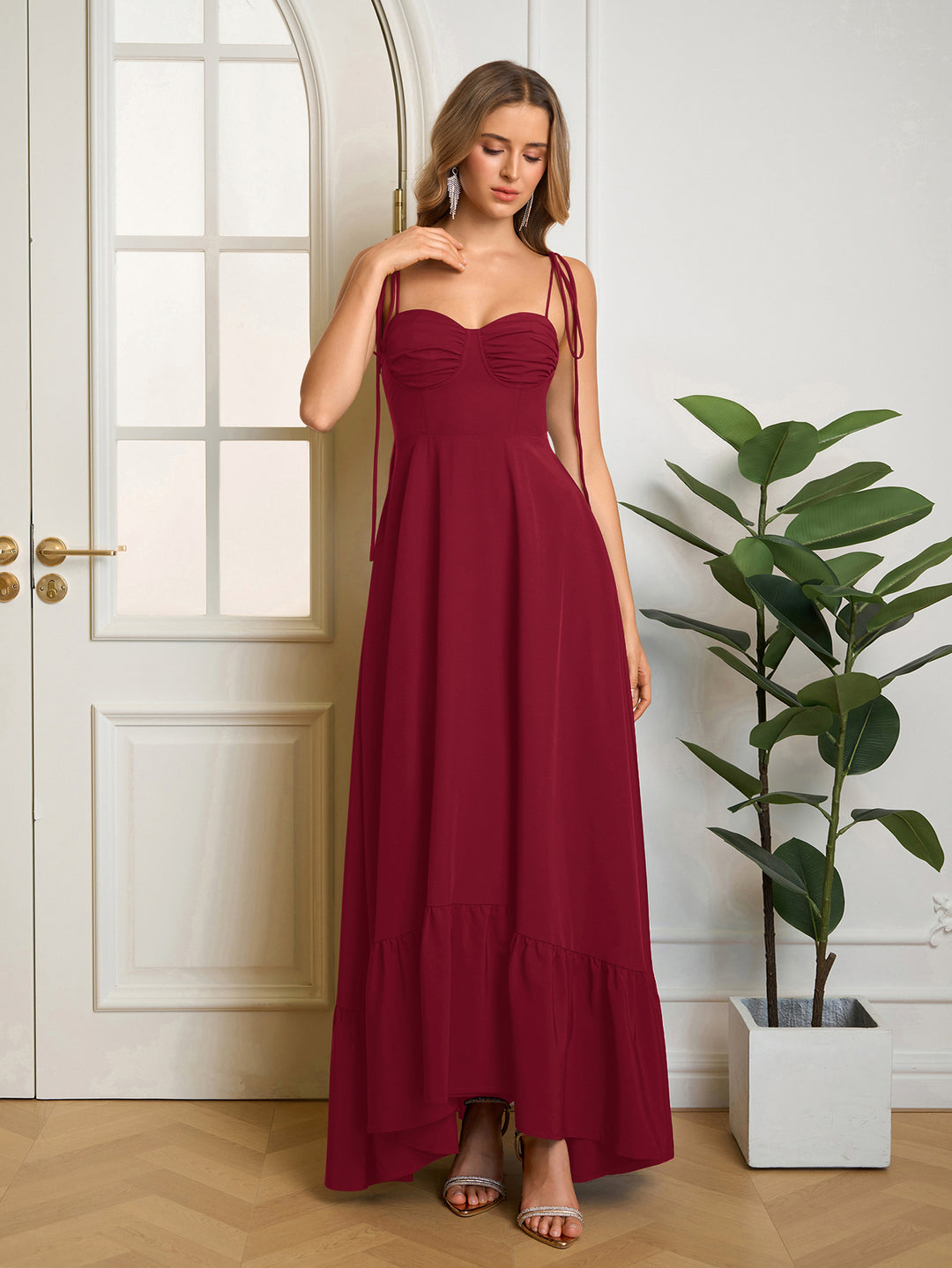 Bust Tie Shoulder Ruched Maxi Solid Dress#color_red