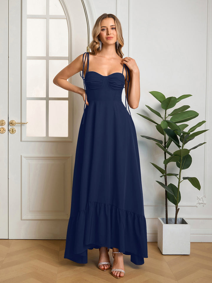 Bust Tie Shoulder Ruched Maxi Solid Dress#color_navy