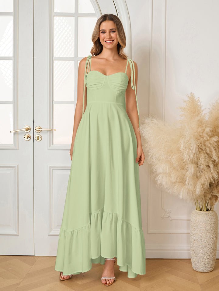 Bust Tie Shoulder Ruched Maxi Solid Dress#color_green