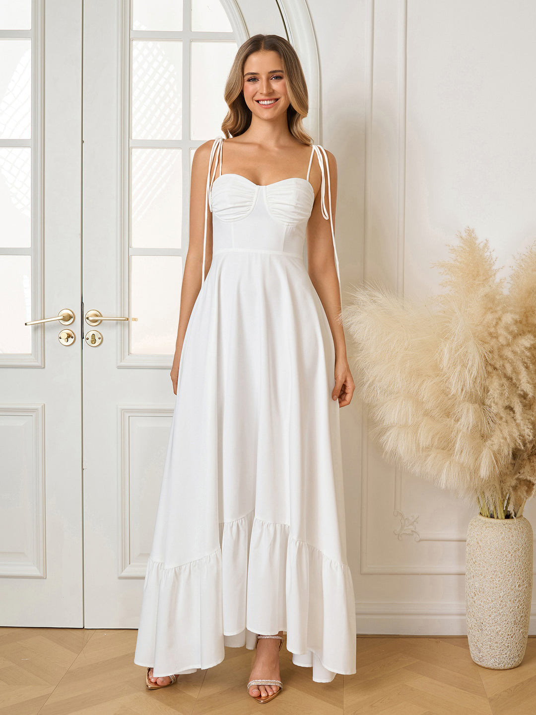 Maxi Tie Shoulder Ruched Bust Solid Dress#color_white
