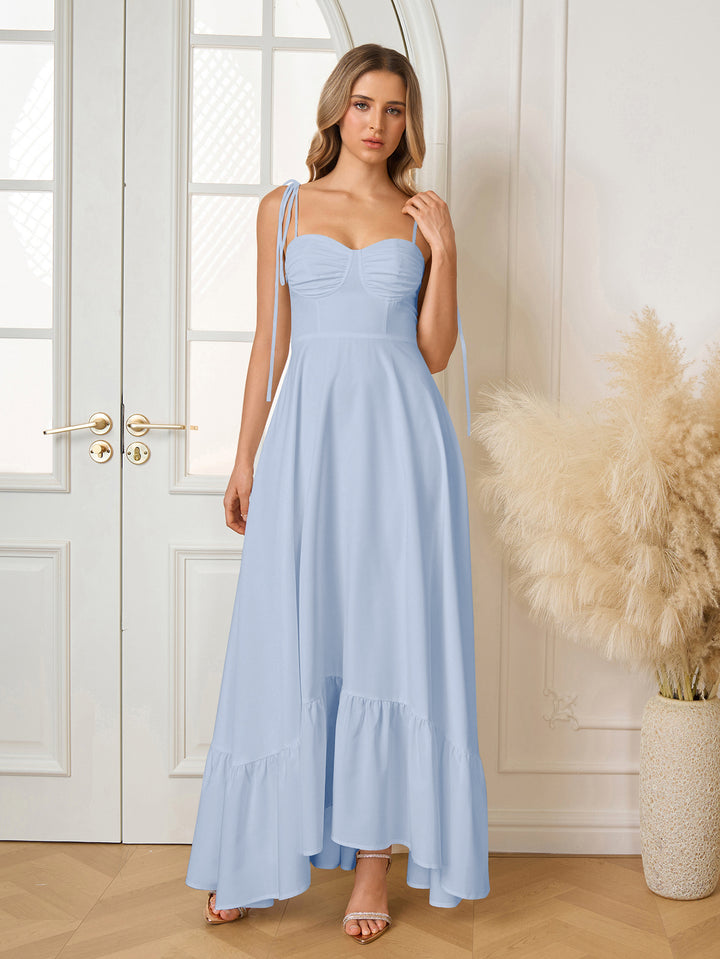 Tie Shoulder Ruched Bust Maxi Solid Dress#color_blue