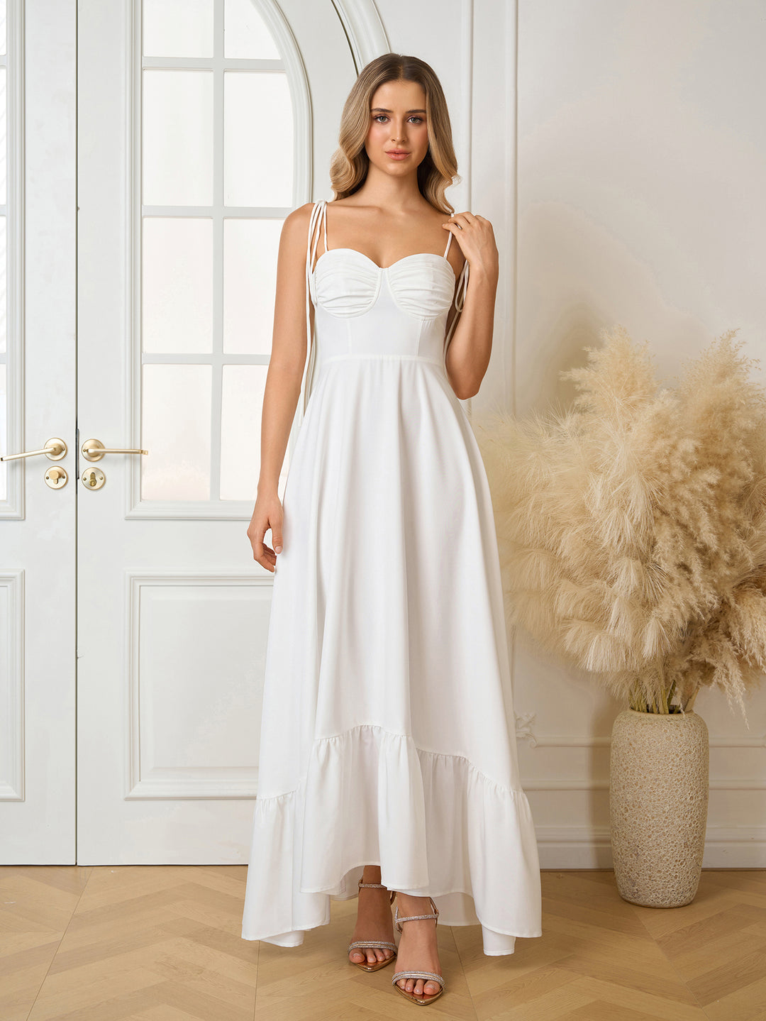 Tie Shoulder Maxi Ruched Bust Solid Dress#color_white