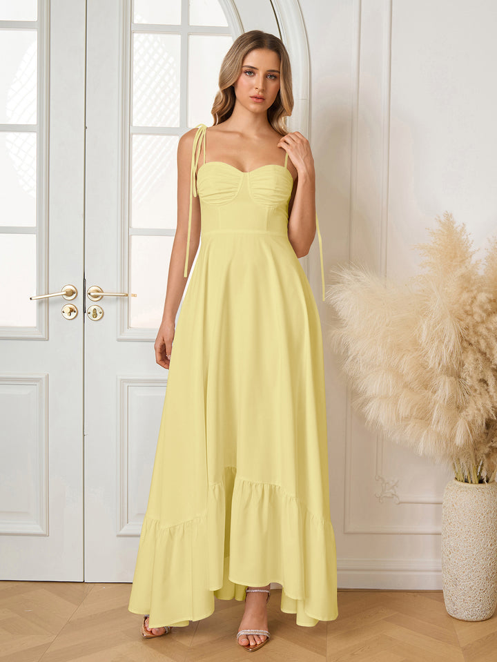 Tie Shoulder Ruched Bust Maxi Solid Dress#color_yellow