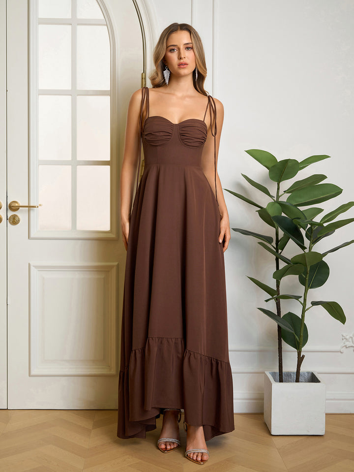 Tie Shoulder Maxi Ruched Bust Solid Dress#color_brown