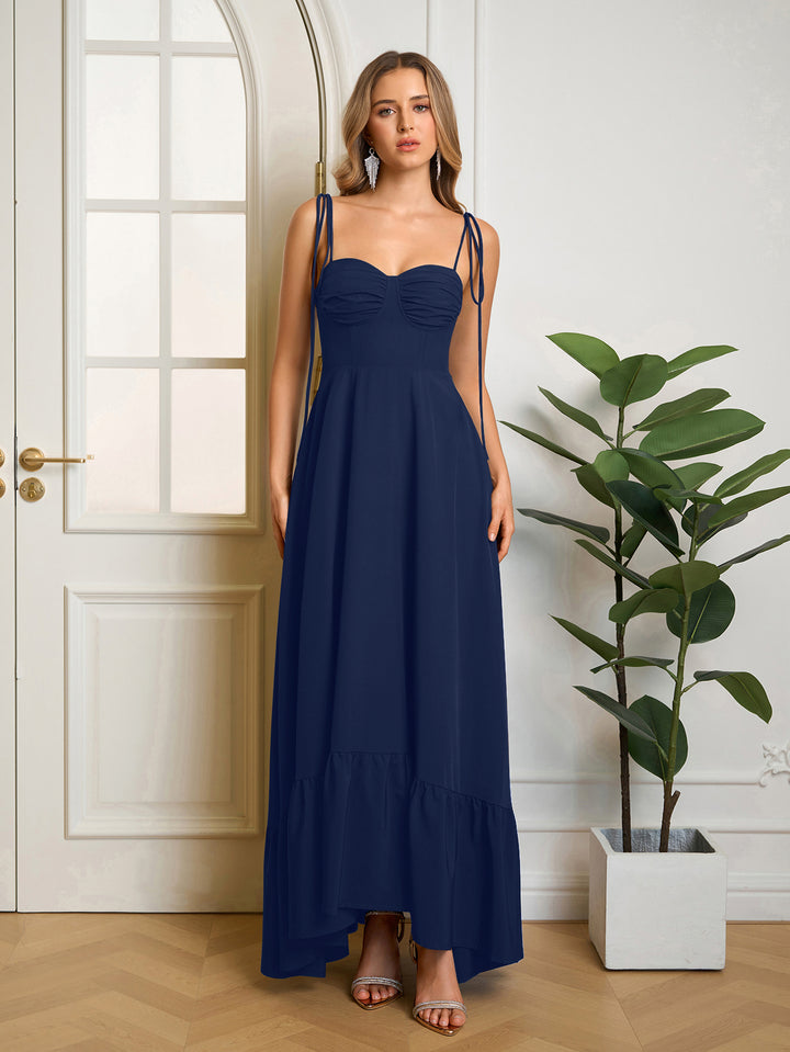 Tie Shoulder Ruched Bust Maxi Solid Dress#color_navy