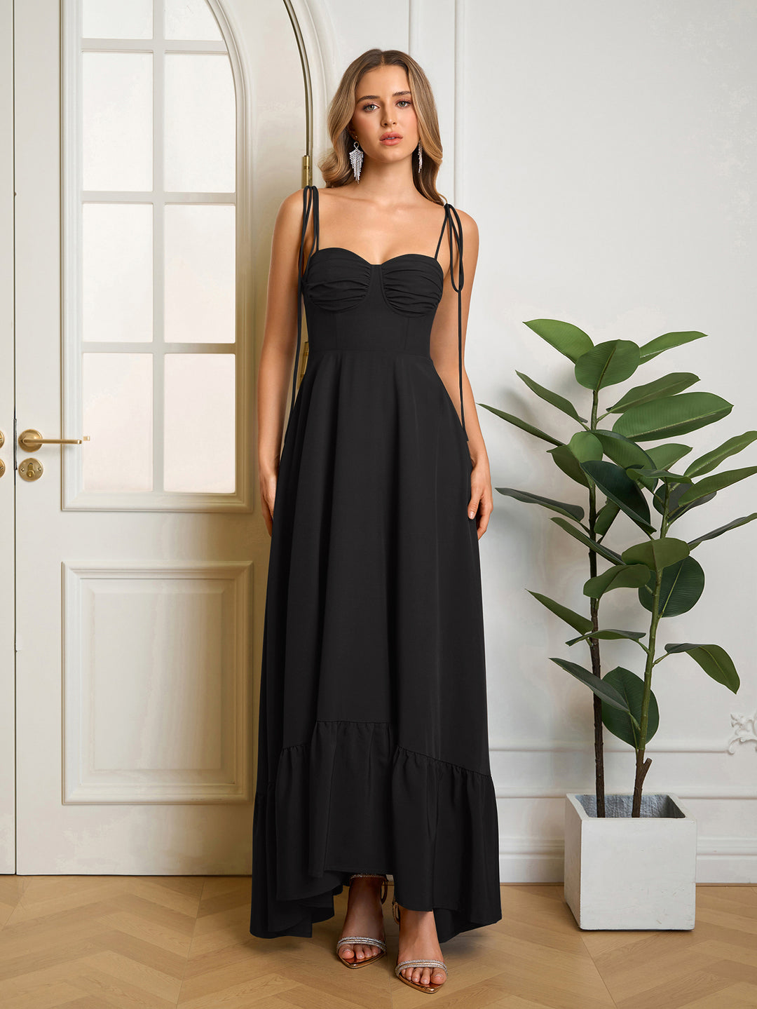 Tie Shoulder Ruched Bust Maxi Solid Dress#color_black