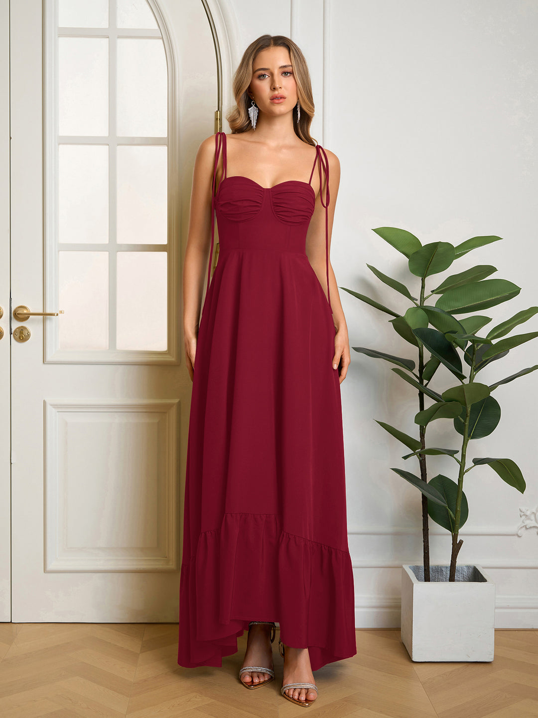 Tie Shoulder Ruched Bust Maxi Solid Dress#color_red
