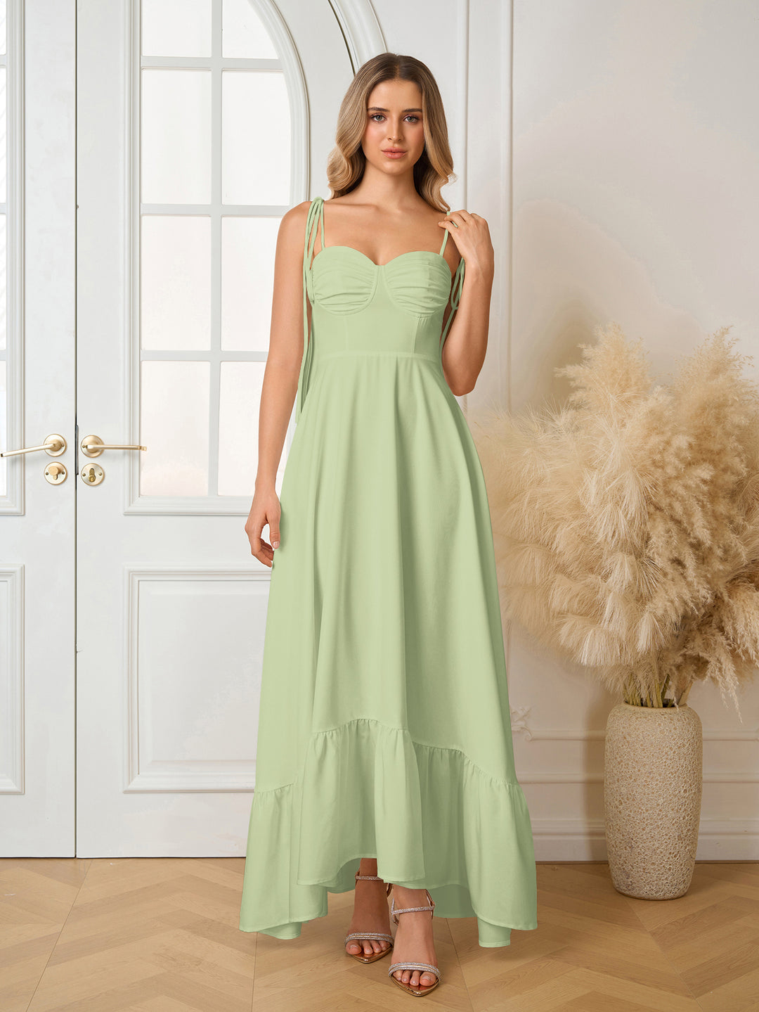 Tie Shoulder Ruched Bust Maxi Solid Dress#color_green