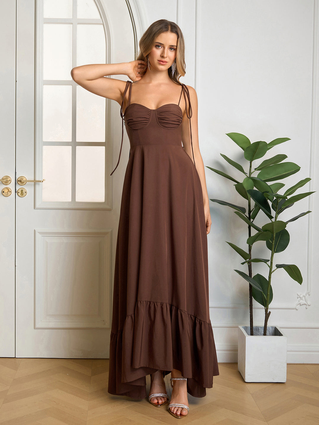 Ruched Bust Maxi Tie Shoulder Solid Dress#color_brown