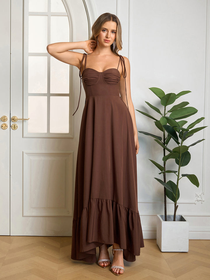 Ruched Bust Maxi Tie Shoulder Solid Dress#color_brown